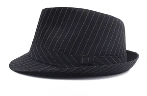 Side view of a black British jazz fedora with white pinstripes and decorative band