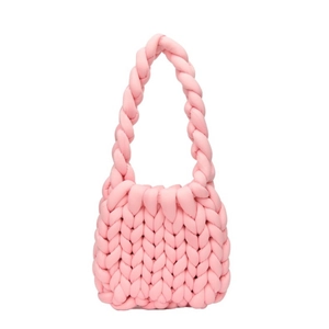 Handmade pink chunky knit bag crafted from soft cotton tube yarn for a stylish look