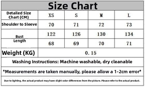 Detailed size chart for shirt and skirt set featuring XS to L measurements and care guide