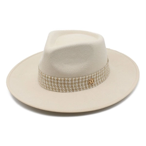 British Style Wide Brim Fedora Hat Wool Felt Autumn Winter Warm Dress Hat With Houndstooth Band Metal Logo For Men Women