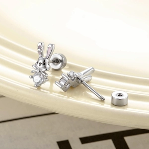 Cute silver rabbit stud earrings with clear round gemstone and metallic backing