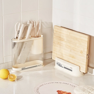 Cream-style kitchen knife block and cutting board rack in ripple textured plastic