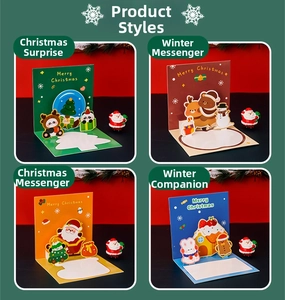 Detailed grid view of four 3D pop-up Christmas cards featuring reindeer and snowmen