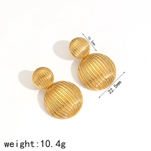 18k gold plated stainless steel ribbed hemisphere drop earrings for women, 10.4g weight