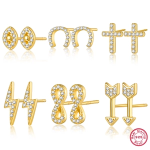 Zircon Stud Earrings 925 Sterling Silver Earring Post Lightning Cross Evil Eye Infinity Arrow Horseshoe Minimalist Jewelry