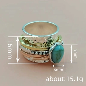 Anillo ancho bohemio de tres tonos con piedra turquesa incrustada, 16mm