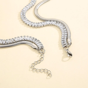 Minimalist double-layered silver snake chain and crystal zircon choker necklace for women