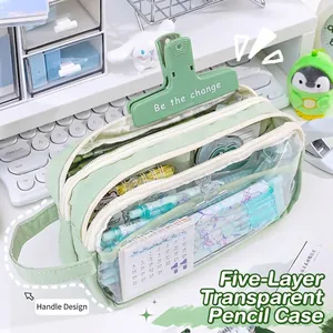 Mint green 5-layer large capacity transparent pencil case with canvas handle and five sections