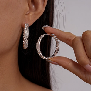 Silver chain-link hoop earrings with rectangular cubic zirconia inlay for women