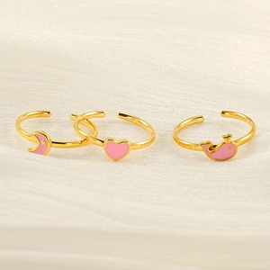Fashionable Adjustable Open Rings 18K Gold Plated Stainless Steel Pink Enamel Heart Moon Dolphin Jewelry For Women