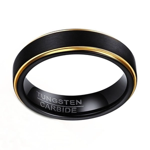 5mm black brushed tungsten carbide ring for men with polished gold edges and comfort fit