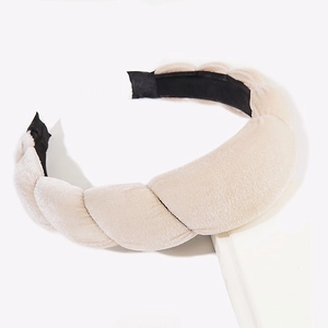 Beige velvet padded headband with twisted rope design for a stylish high crown look