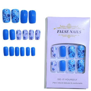 24pcs press-on false nails featuring blue floral designs and square-round shape in packaging
