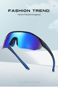 Polarized sports sunglasses with blue-purple mirrored lenses for outdoor cycling and running