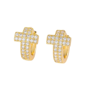 Elegant gold plated cross huggie earrings with sparkling white cubic zirconia stones