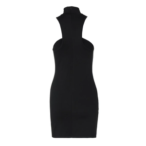 Detail view of the racerback and back hemline of a black bodycon mini dress