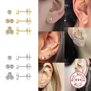 Set of three S925 sterling silver mini stud earrings with sparkling zircon stones