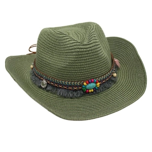 Detailed view of a green ethnic-style cowboy straw hat with colorful beaded band.