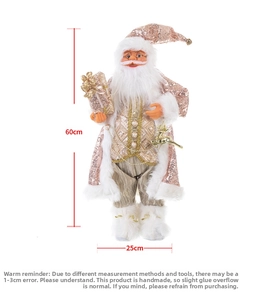 Detail of 60cm rose gold sequined Santa Claus figurine with dimensions and gift box accessory