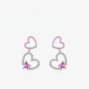Orecchini Pendenti In Argento 925 Doppio Cuore Smalto Rosa Zirconia Donna Gioielli Dolce Principessa Accessorio