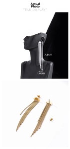 Detail view of 7.4cm long tassel earrings in stainless steel showing exact dimensions
