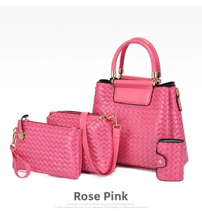 Detailed set of 4 rose red woven pattern handbags including tote and crossbody bags
