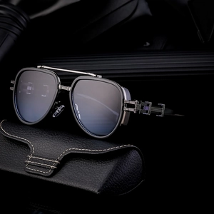 Retro punk aviator sunglasses with dual-beam metal frame and leather case