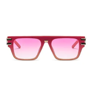 Modern rectangular pink sunglasses with thick frames and golden metal accents