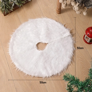 Detailed top view of 50cm white faux fur Christmas tree skirt on wooden floor background