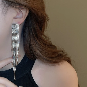 Elegant long tassel rhinestone drop earrings with silver finish worn by a model