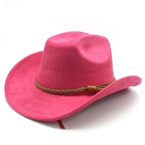 Detailed view of the fuchsia suede wide brim fedora with a brown braided tassel cord trim