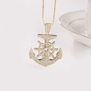 Gold plated hip hop necklace featuring iced out anchor and ship wheel pendant for men