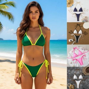 Women Bikini Halter Triangle Top And Side Tie Bottom Contrast Piping Beachwear Bathing Suit Sexy Swimsuit