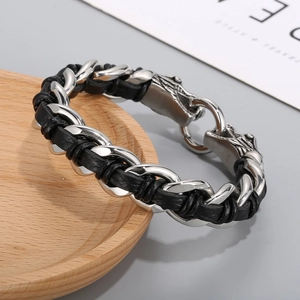 Pulsera punk para hombre con cabeza de dragón en cuero trenzado negro y cadena de plata