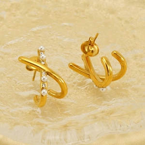 Elegant gold-plated cross X earrings with white pearls and sparkling zircons for women