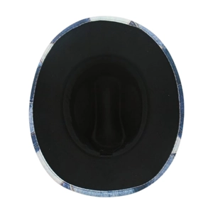 Top view detail of the black felt interior and blue denim printed brim of the cowboy hat