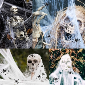 Halloween giant plush spider with white cobweb and skull decor set for spooky outdoor setup