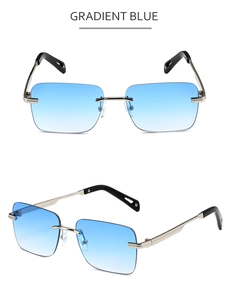 Detalle de gafas de sol cuadradas sin montura con lentes degradadas azules y metal