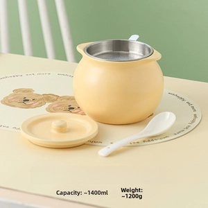 Cream ceramic lard pot set with stainless steel filter and lid for home kitchen storage