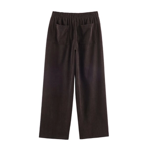 Women's dark brown corduroy wide leg pants with elastic waist and back pockets