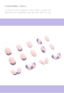 Detail view of pink and purple press-on nails with French tips and swirl patterns
