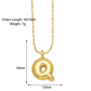 Detailed measurement view of a gold plated letter Q pendant with dimensions and chain length