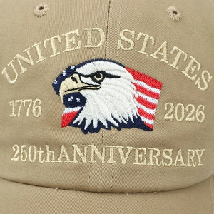 Khaki baseball cap with embroidered US 250th Anniversary eagle and flag design