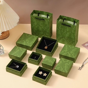 Detailed view of green vintage embossed jewelry boxes and matching gift bags set