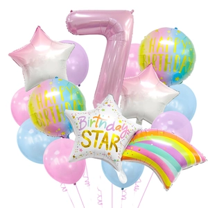 Pink number 7 foil balloon set with rainbow and happy birthday balloons for party decor