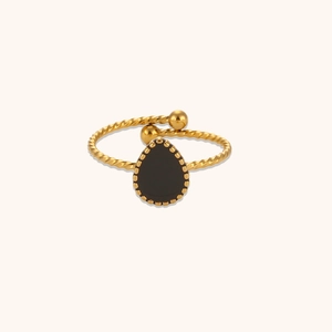 Adjustable 18K gold plated stainless steel twisted ring with black teardrop zircon stone
