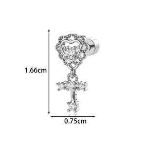 Vintage silver heart stud earring with cross pendant and clear zircon inlay, 1.66cm high