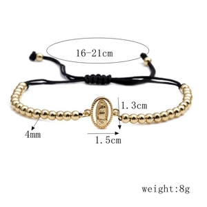 Detail of adjustable gold beaded bracelet with Virgin Mary medal and size specs