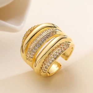 Elegant 18K gold-plated multi-layer open ring featuring sparkling zircon stones for women