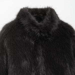 Fashionable black faux fur coat with a stand-up collar and premium soft texture